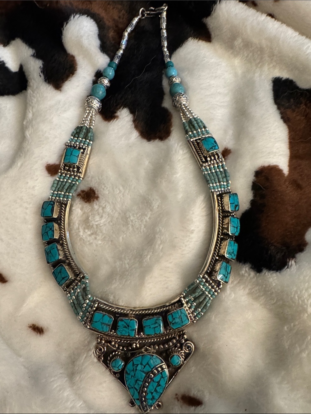 Real Turquoise Statement Necklace - alpaca metal Womenโs Jewelry